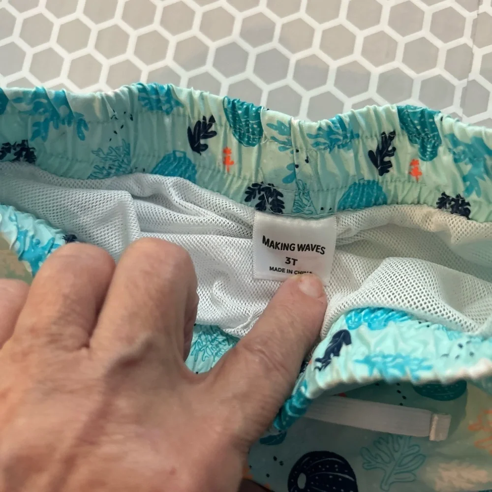 Making Waves Light Aqua Kids Swim Shorts with Sea Life Print.  Size 3T